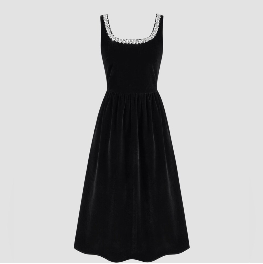Cider Velvet Embellished Neckline Dress Black Velvet L Jeweled - Picture 1 of 8